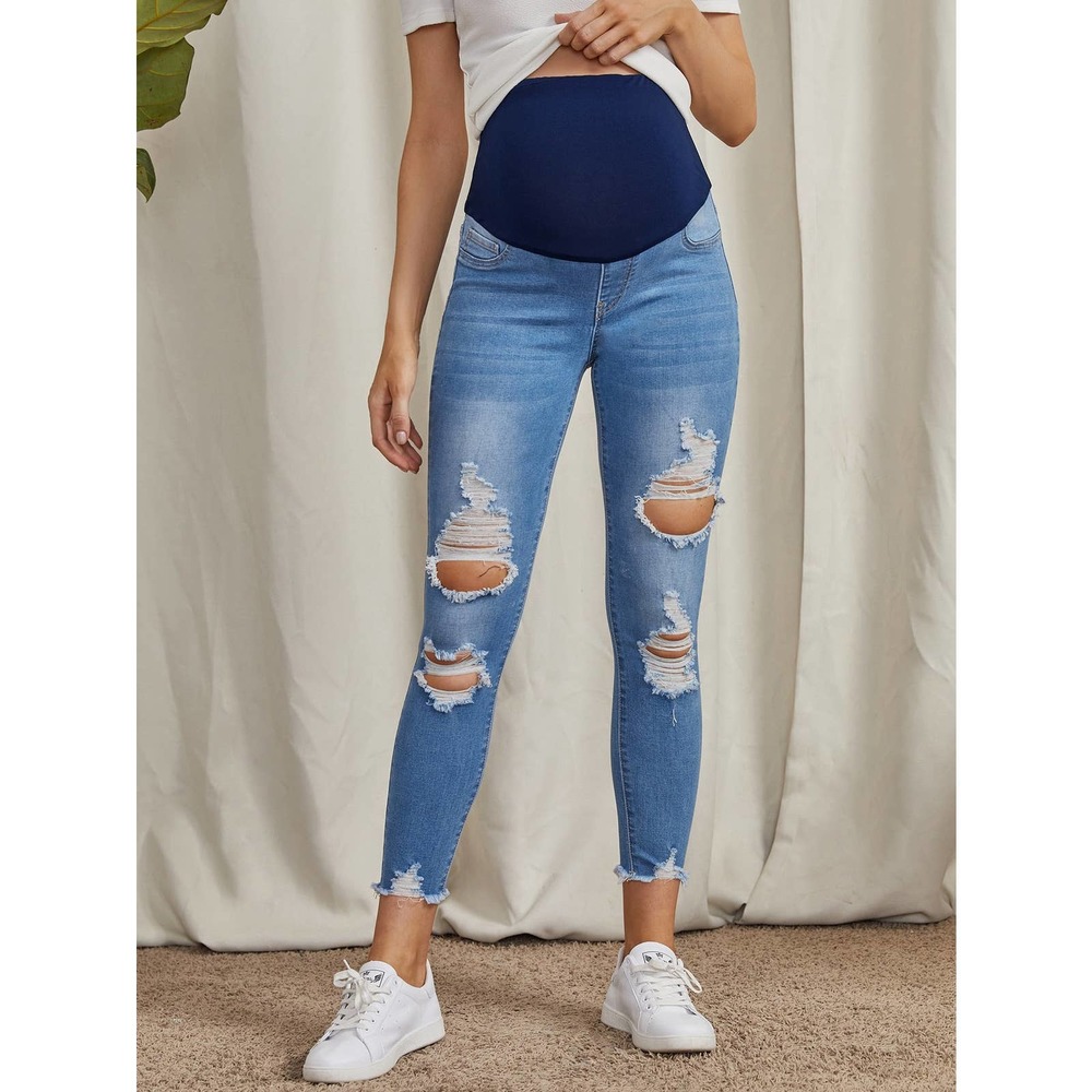 Maternity Ripped Raw Hem Skinny Cropped Jeans
